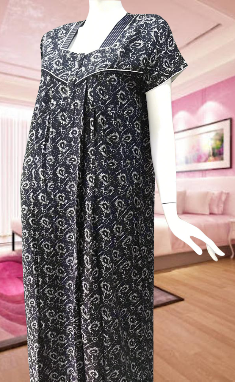 Navy Blue Motif Spun Feeding Nursing Nighty. Flowy Spun Fabric | Laces and Frills - Laces and Frills