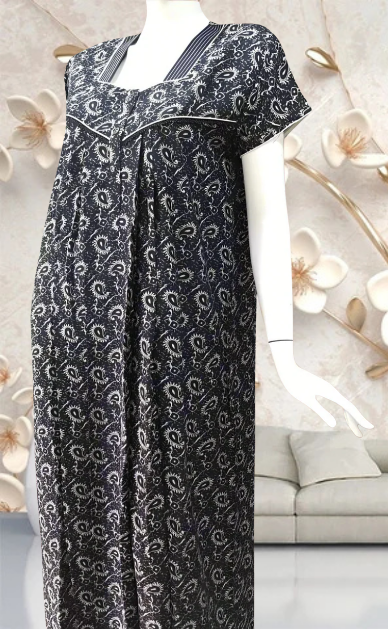 Navy Blue Motif Spun Feeding Nursing Nighty. Flowy Spun Fabric | Laces and Frills