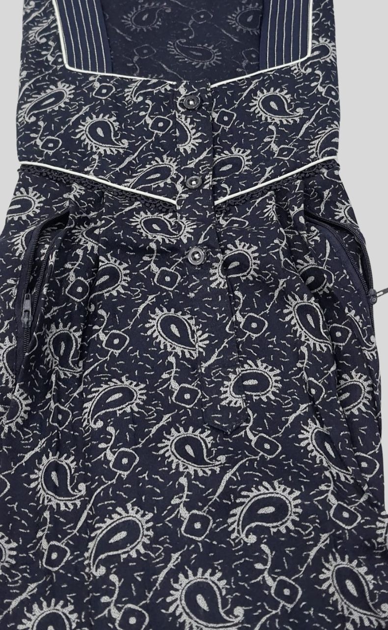 Navy Blue Motif Spun Maternity Nursing Nighty. Flowy Spun Fabric | Laces and Frills