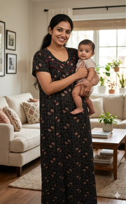 Black/Brown Abstract Spun Feeding Nursing Nighty. Flowy Spun Fabric | Laces and Frills - Laces and Frills