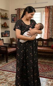 Black/Pink Abstract Spun Feeding Nursing Nighty. Flowy Spun Fabric | Laces and Frills - Laces and Frills