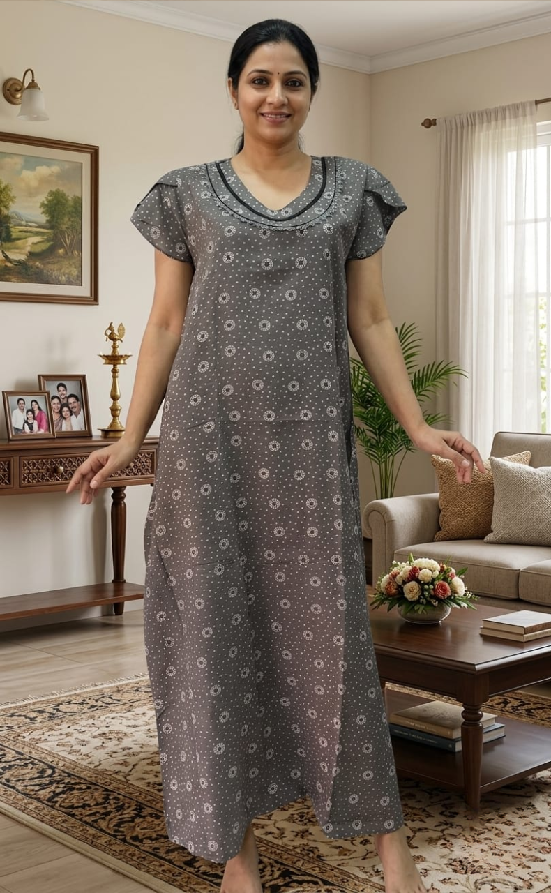 Ash Grey Dots Spun Nighty. Flowy Spun Fabric | Laces and Frills