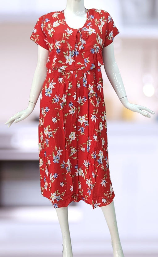 Red Floral Soft Cotton  Feeding Medium Nighty . Soft Breathable Fabric | Laces and Frills - Laces and Frills