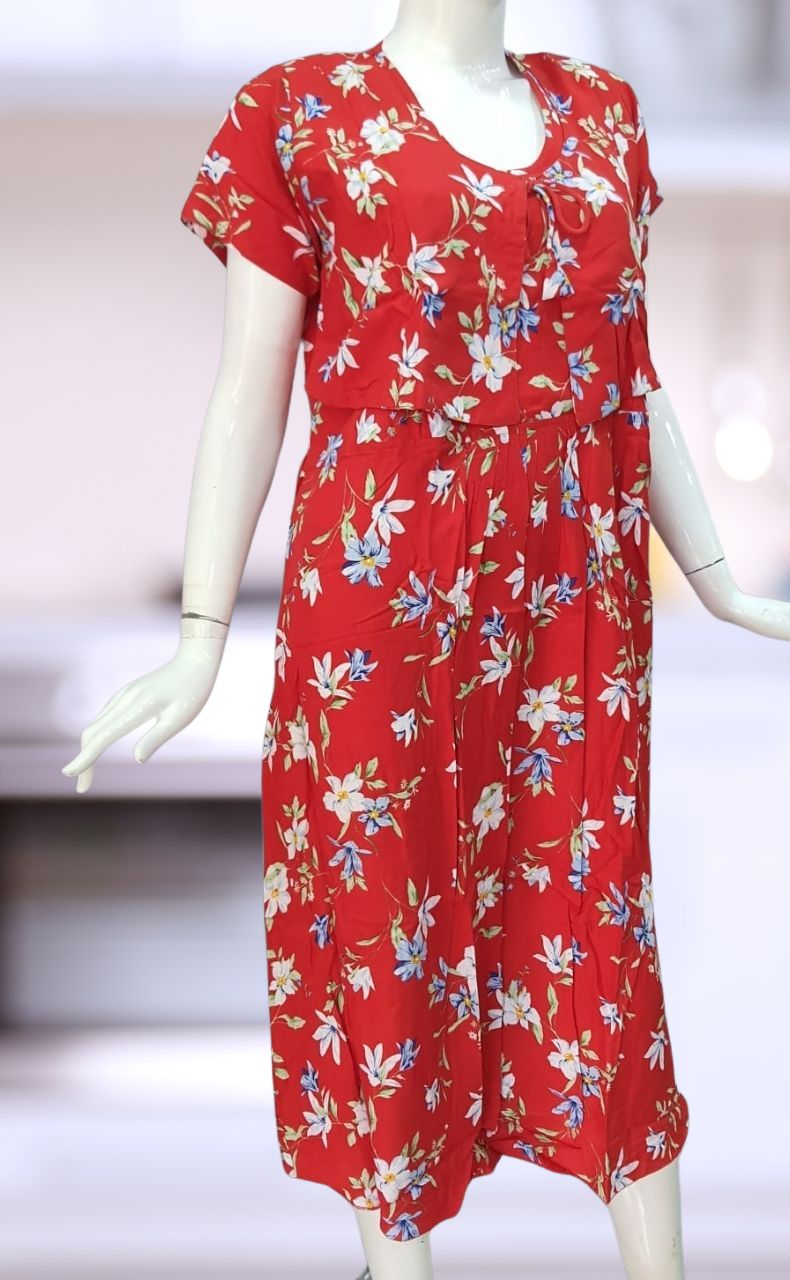 Red Floral Soft Cotton  Feeding Medium Nighty . Soft Breathable Fabric | Laces and Frills - Laces and Frills