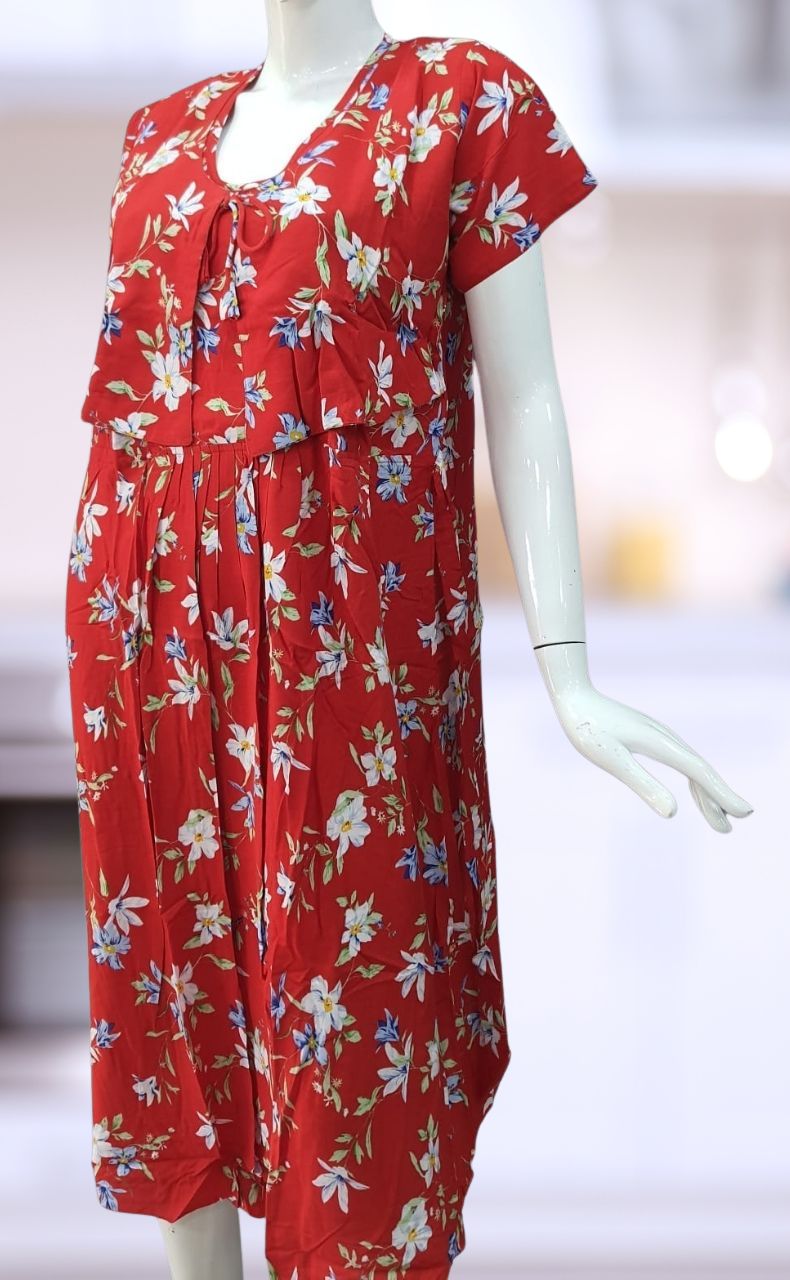 Red Floral Soft Cotton  Feeding Medium Nighty . Soft Breathable Fabric | Laces and Frills - Laces and Frills
