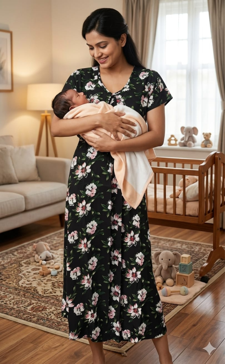 Black Floral Soft Cotton Feeding Nursing Nighty. Soft Breathable Fabric | Laces and Frills - Laces and Frills