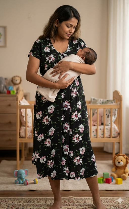 Black Floral Soft Cotton Feeding Nursing Nighty. Soft Breathable Fabric | Laces and Frills - Laces and Frills