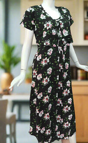 Black Floral Soft Cotton Maternity Nursing Nighty. Soft Breathable Fabric | Laces and Frills