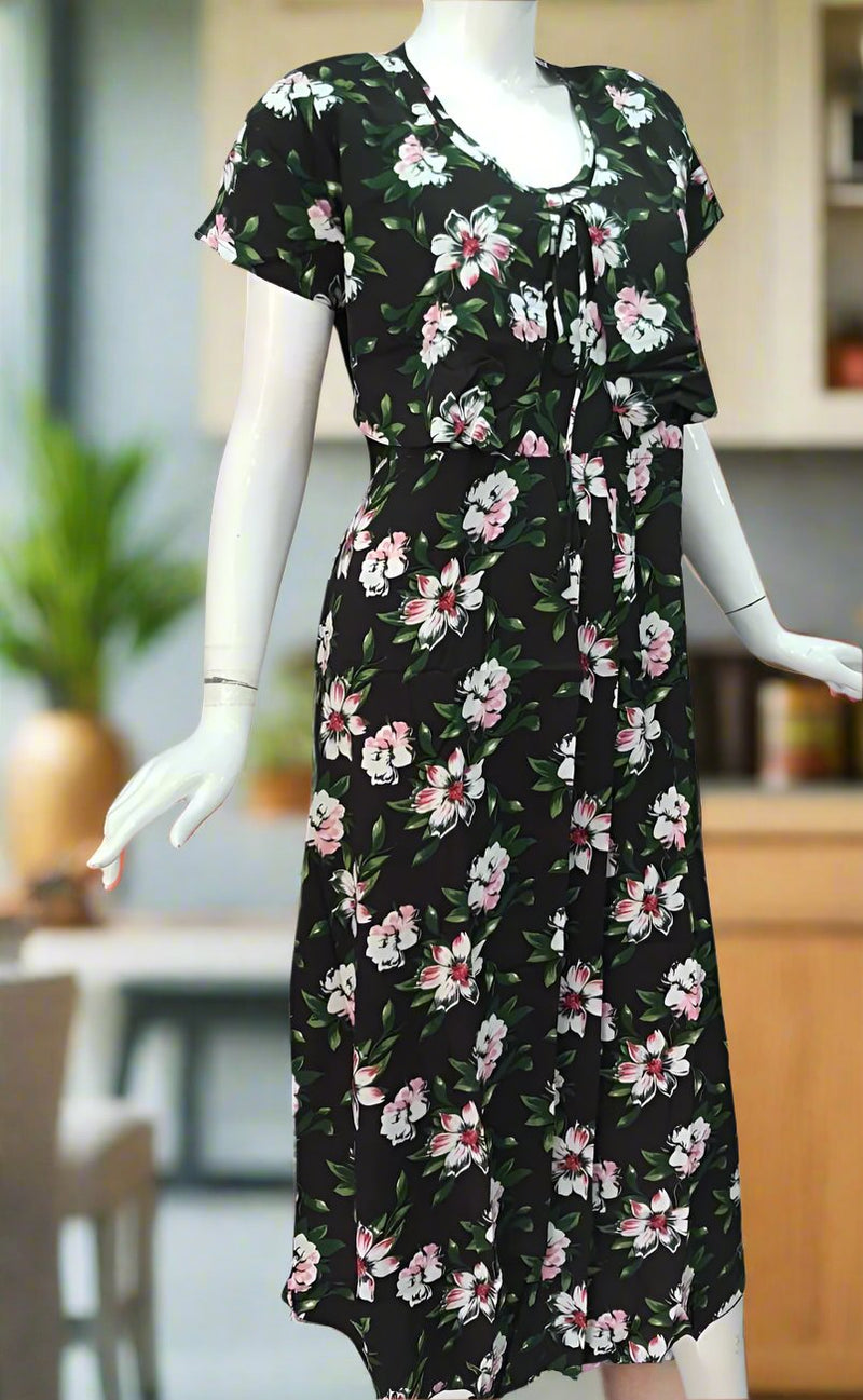 Black Floral Soft Cotton Maternity Nursing Nighty. Soft Breathable Fabric | Laces and Frills