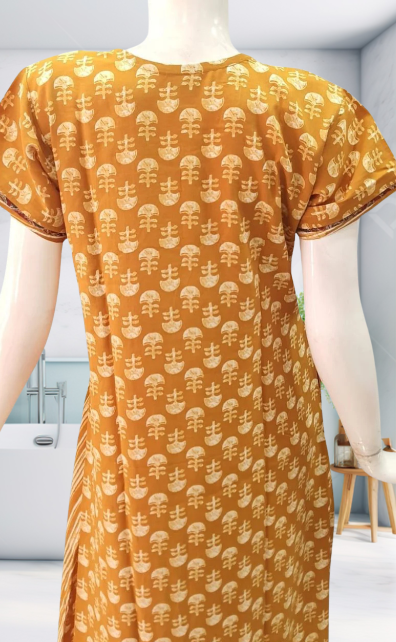 Mustard Floral Motif Rayon Nighty.  Flowy Rayon Fabric | Laces and Frills - Laces and Frills