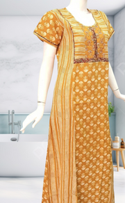 Mustard Floral Motif Rayon Nighty.  Flowy Rayon Fabric | Laces and Frills - Laces and Frills