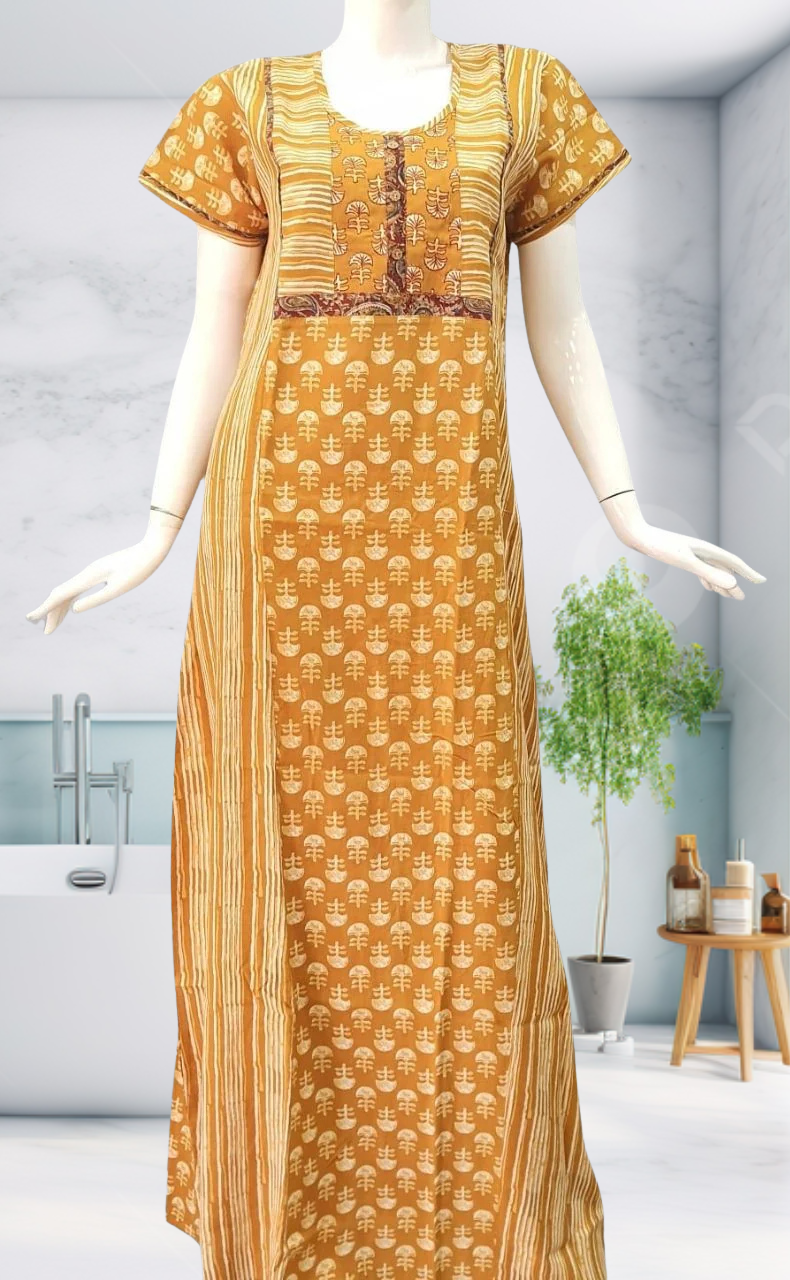 Mustard Floral Motif Rayon Nighty.  Flowy Rayon Fabric | Laces and Frills - Laces and Frills