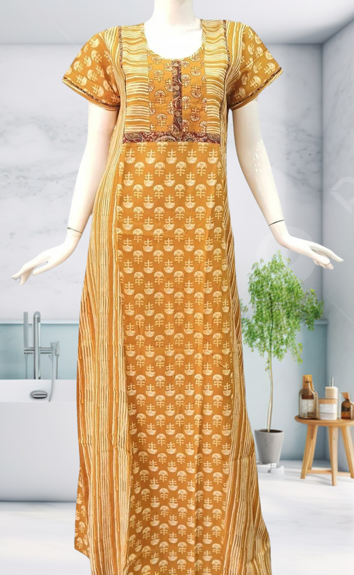 Mustard Floral Motif Rayon Nighty.  Flowy Rayon Fabric | Laces and Frills - Laces and Frills