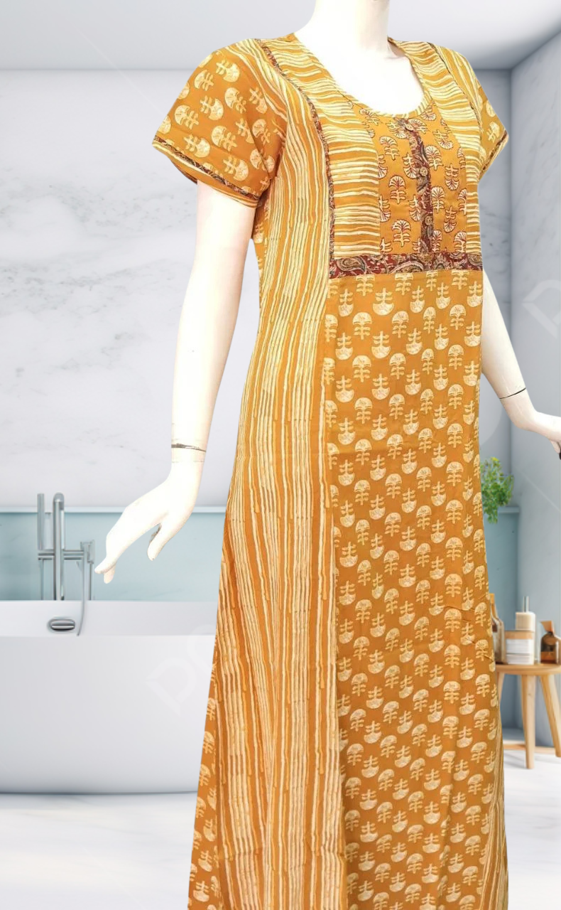 Mustard Floral Motif Rayon Nighty.  Flowy Rayon Fabric | Laces and Frills - Laces and Frills