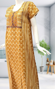 Mustard Floral Motif Rayon Nighty.  Flowy Rayon Fabric | Laces and Frills - Laces and Frills