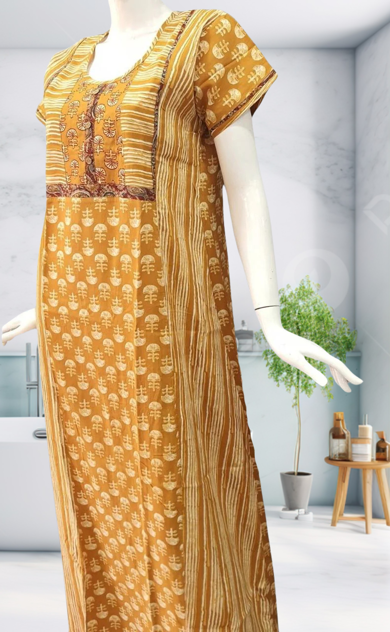 Mustard Floral Motif Rayon Nighty.  Flowy Rayon Fabric | Laces and Frills - Laces and Frills