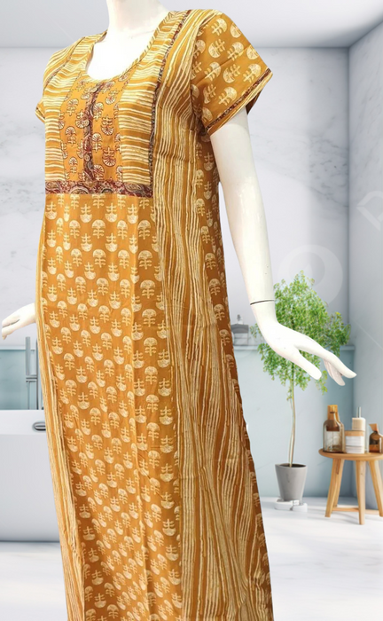 Mustard Floral Motif Rayon Nighty.  Flowy Rayon Fabric | Laces and Frills