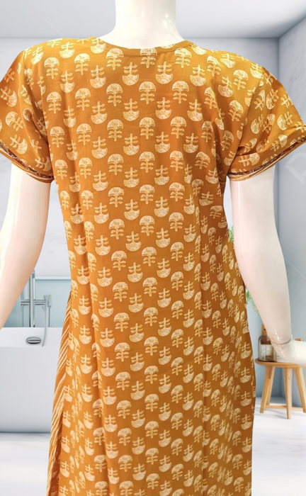 Mustard Floral Motif Rayon Nighty.  Flowy Rayon Fabric | Laces and Frills