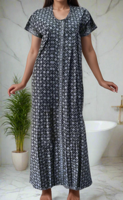 Navy Blue/White Flora Full Open Pure Cotton Nighty. Pure Durable Cotton | Laces and Frills - Laces and Frills