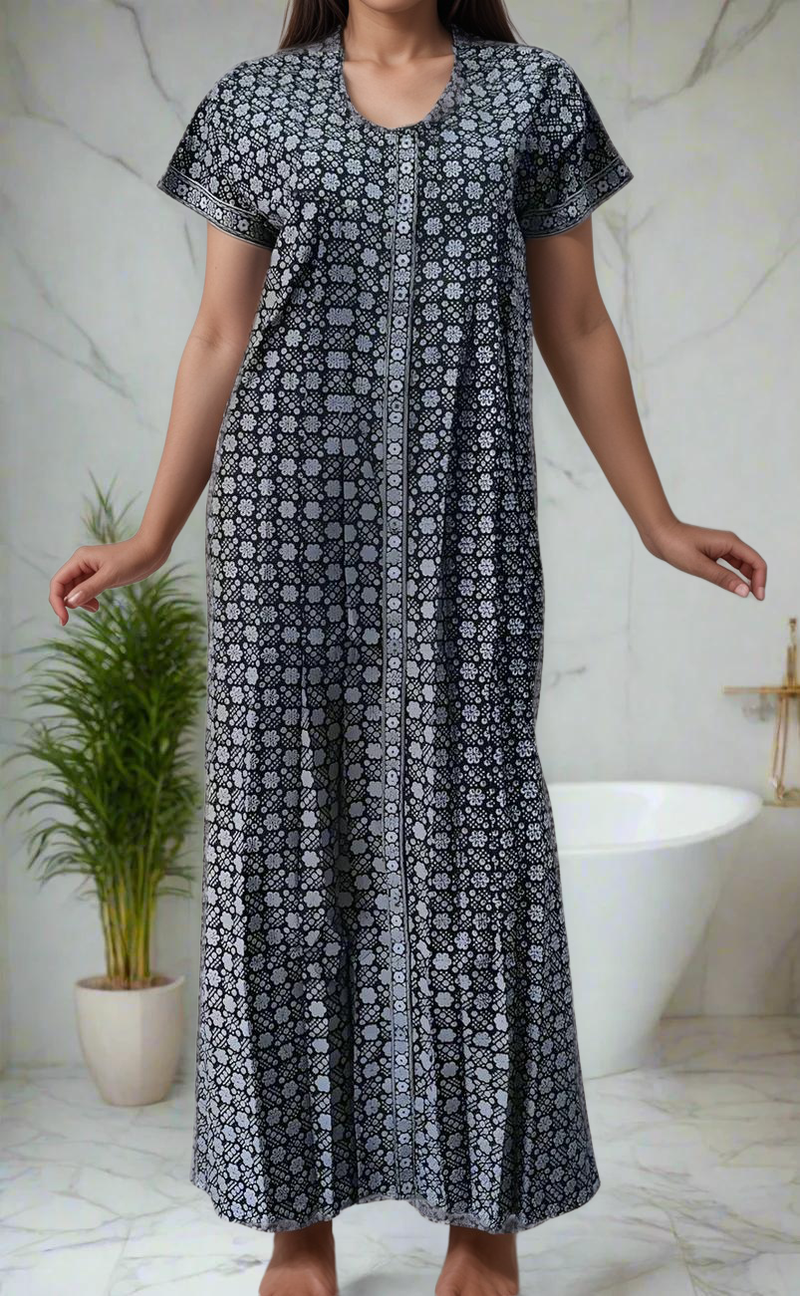 Navy Blue/White Flora Full Open Pure Cotton Nighty. Pure Durable Cotton | Laces and Frills - Laces and Frills