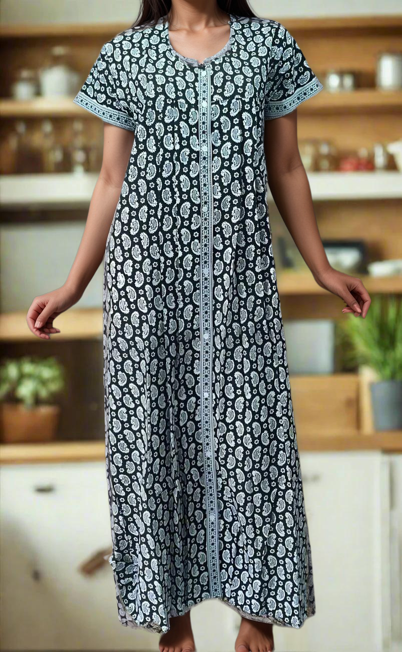 Black Motif Full Open Pure Cotton Nighty. Pure Durable Cotton | Laces and Frills - Laces and Frills
