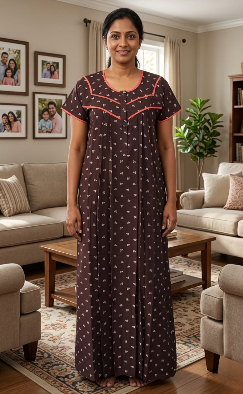 Brown Tiny Floral Spun Nighty. Flowy Spun Fabric | Laces and Frills