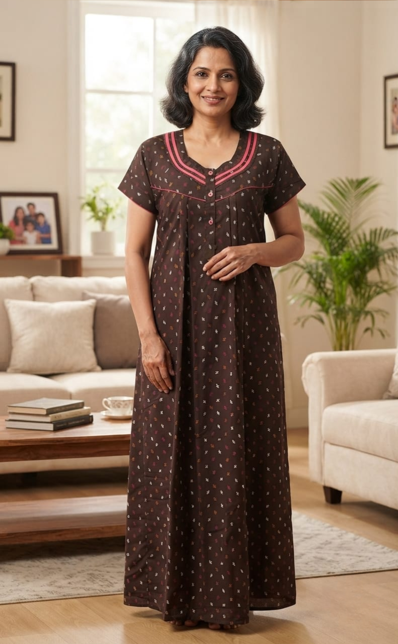 Brown Abstract Spun Nighty. Flowy Spun Fabric | Laces and Frills