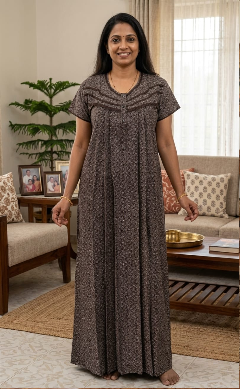 Brown Motif Spun Nighty. Flowy Spun Fabric | Laces and Frills