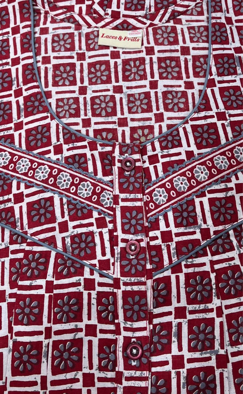 Maroon Tiny Flora Pure Cotton Nighty. Pure Durable Cotton | Laces and Frills - Laces and Frills