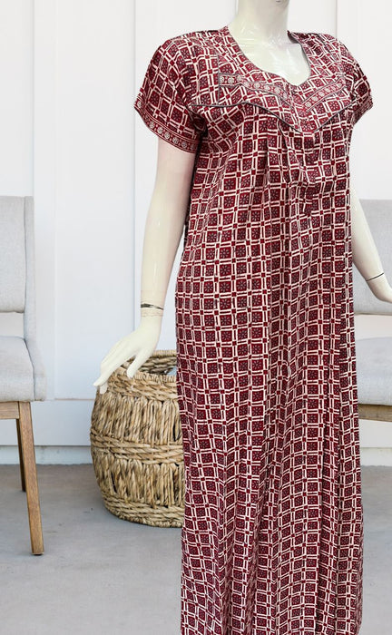 Maroon Geometric Pure Cotton Extra Large Nighty .Pure Durable Cotton | Laces and Frills - Laces and Frills