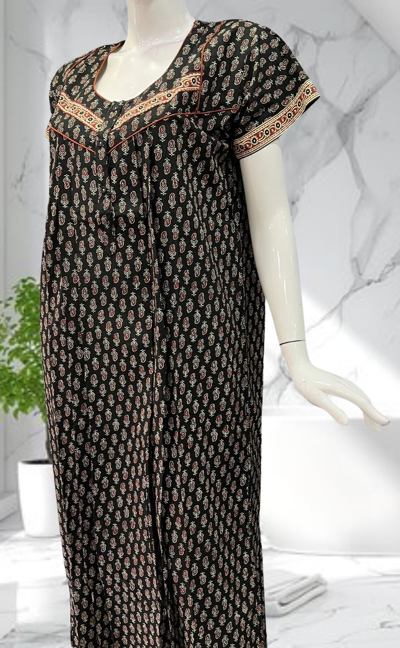 Black Motif Pure Cotton Nighty. Pure Durable Cotton | Laces and Frills - Laces and Frills