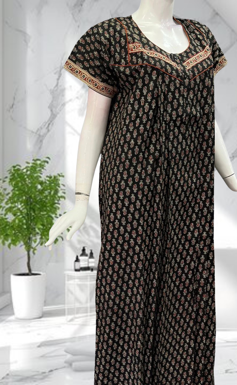 Black Motif Pure Cotton Nighty. Pure Durable Cotton | Laces and Frills - Laces and Frills