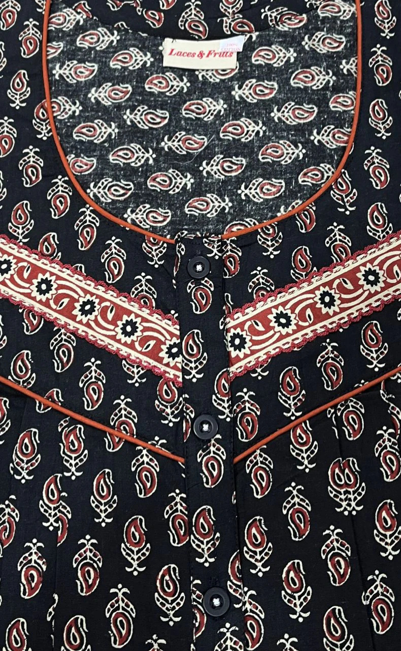 Black Motif Pure Cotton Nighty. Pure Durable Cotton | Laces and Frills - Laces and Frills