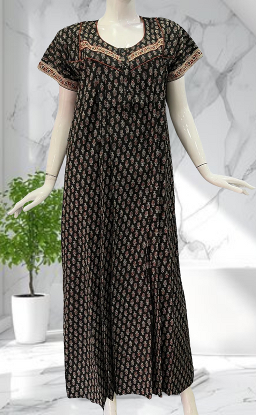 Black Motif Pure Cotton Nighty. Pure Durable Cotton | Laces and Frills - Laces and Frills