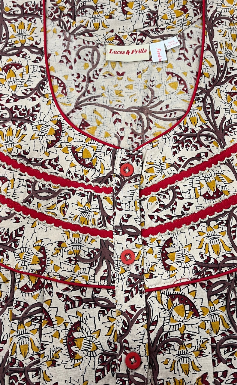 Off White/Maroon Garden Pure Cotton Feeding Nighty . Pure Durable Cotton | Laces and Frills
