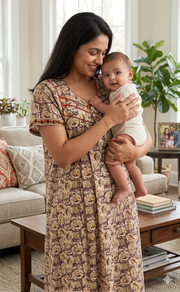 Off White/Maroon Garden Pure Cotton Feeding Nursing Nighty . Pure Durable Cotton | Laces and Frills - Laces and Frills