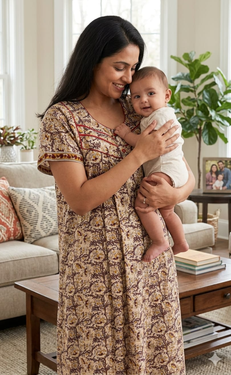 Off White/Maroon Garden Pure Cotton Feeding Nursing Nighty . Pure Durable Cotton | Laces and Frills - Laces and Frills