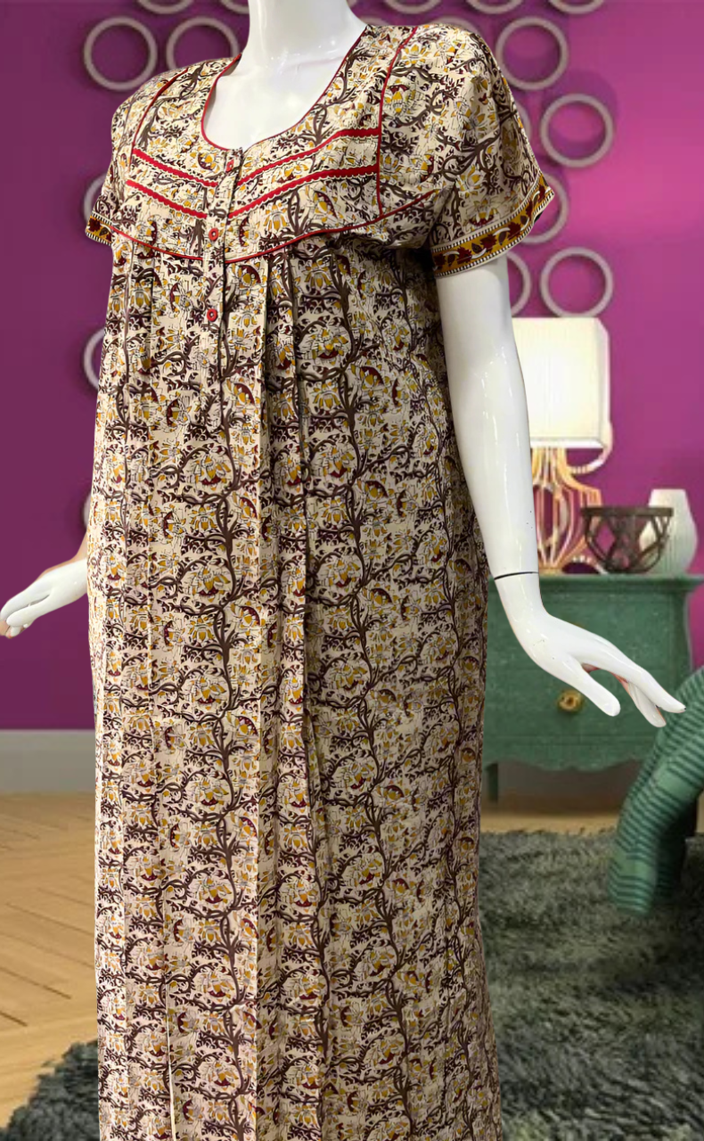 Off White/Maroon Garden Pure Cotton Feeding Nursing Nighty . Pure Durable Cotton | Laces and Frills - Laces and Frills