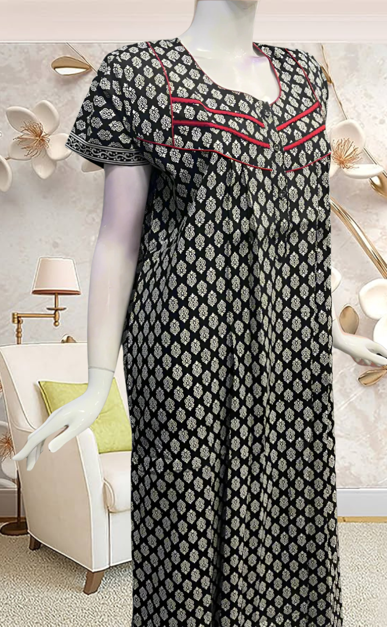 Black Motif Pure Cotton Feeding Nursing Nighty . Pure Durable Cotton | Laces and Frills - Laces and Frills