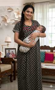 Black Motif Pure Cotton Feeding Nursing Nighty . Pure Durable Cotton | Laces and Frills - Laces and Frills