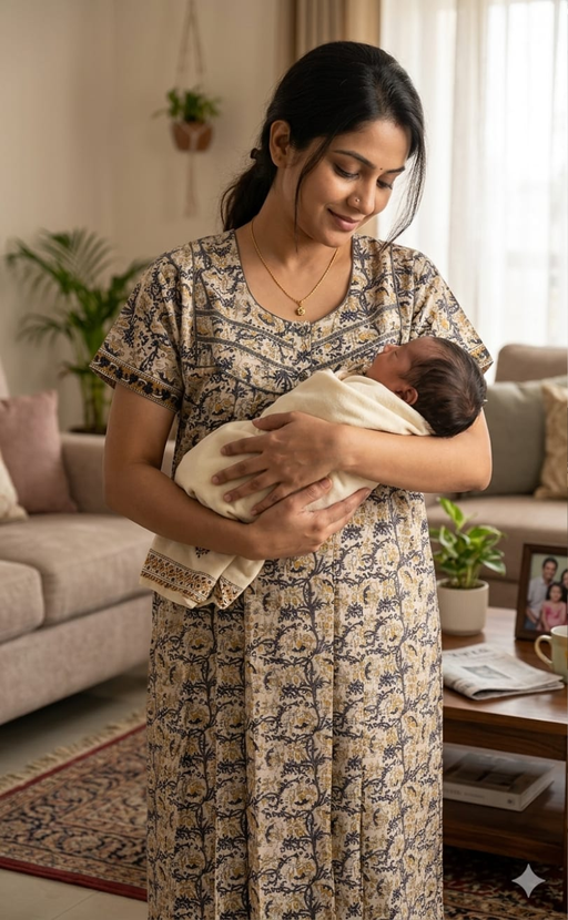Off White/Blue Garden Pure Cotton Feeding Nursing Nighty . Pure Durable Cotton | Laces and Frills - Laces and Frills
