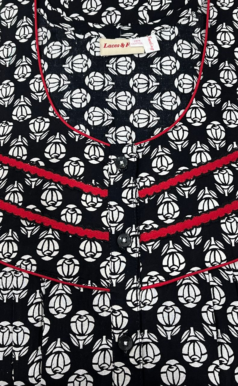 Black Tiny Floral Pure Cotton Feeding Nighty . Pure Durable Cotton | Laces and Frills