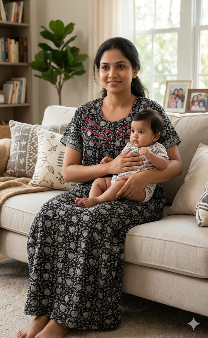 Black Garden Pure Cotton Feeding Nursing Nighty . Pure Durable Cotton | Laces and Frills - Laces and Frills