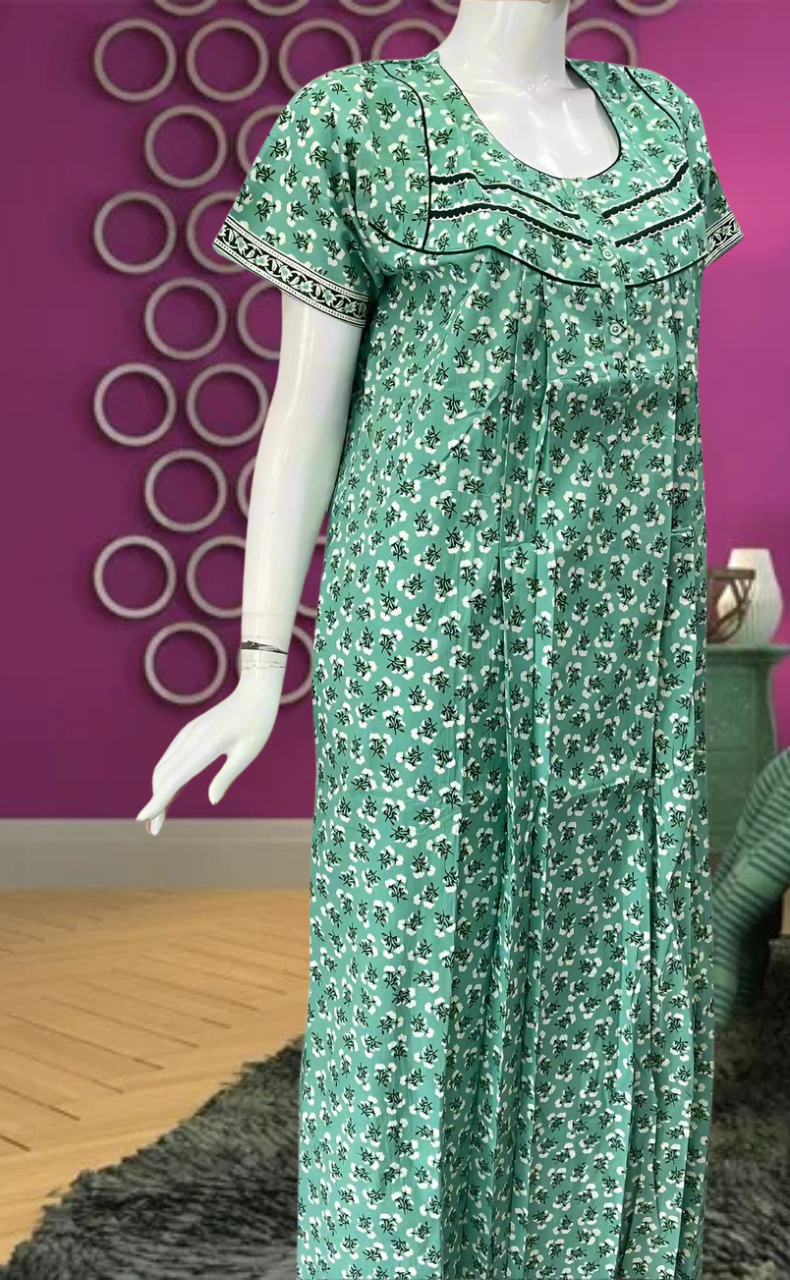 Sea Green Tiny Flora Pure Cotton Feeding Nursing Nighty . Pure Durable Cotton | Laces and Frills - Laces and Frills