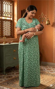Sea Green Tiny Flora Pure Cotton Feeding Nursing Nighty . Pure Durable Cotton | Laces and Frills - Laces and Frills