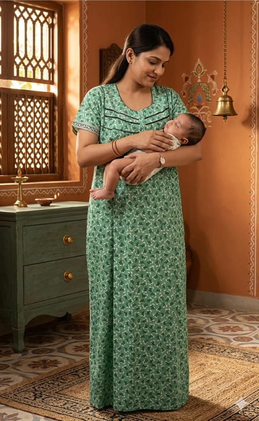 Sea Green Tiny Flora Pure Cotton Feeding Nursing Nighty . Pure Durable Cotton | Laces and Frills - Laces and Frills