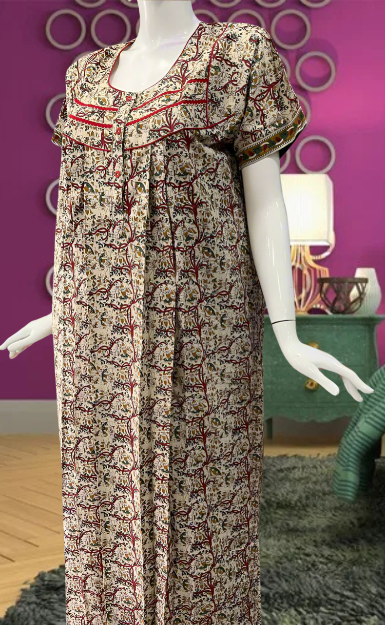 Off White/Green Garden Pure Cotton Feeding Nursing Nighty . Pure Durable Cotton | Laces and Frills - Laces and Frills