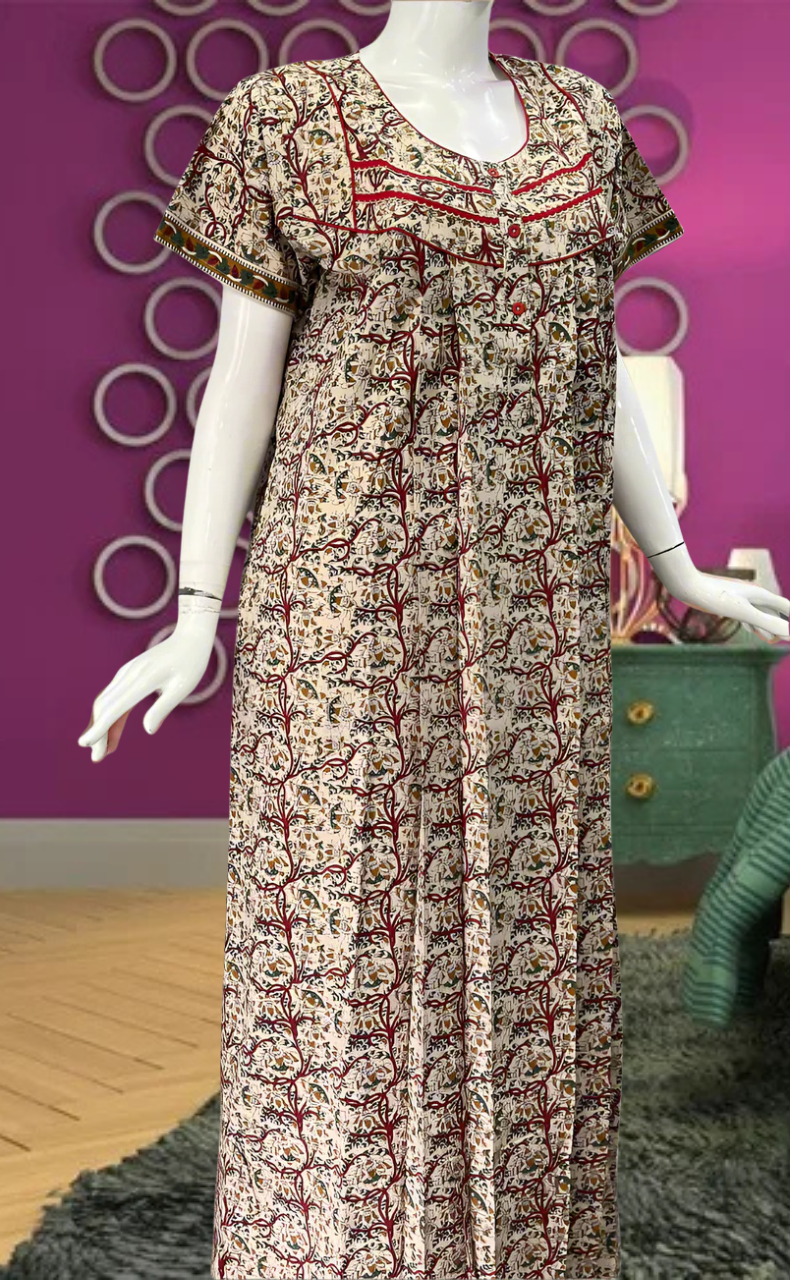 Off White/Green Garden Pure Cotton Feeding Nursing Nighty . Pure Durable Cotton | Laces and Frills - Laces and Frills