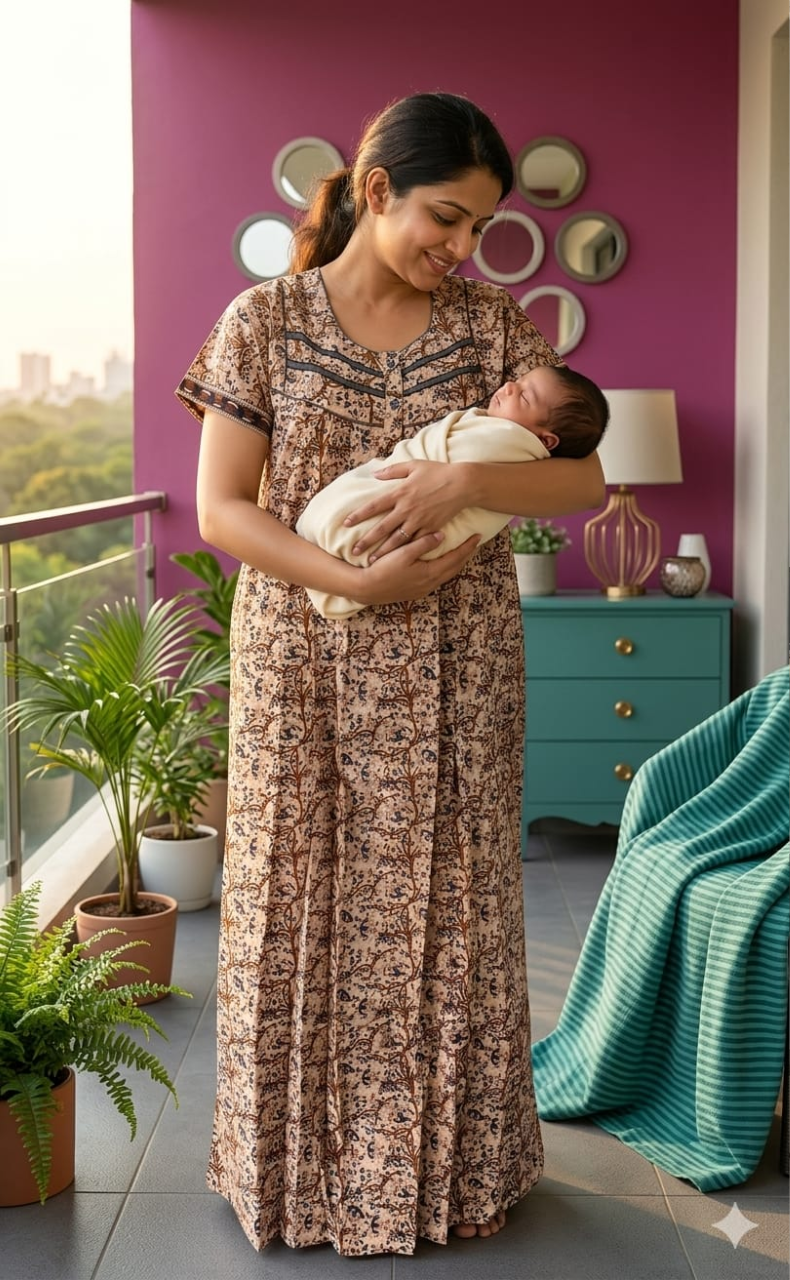 Off White/Black Garden Pure Cotton Feeding Nursing Nighty . Pure Durable Cotton | Laces and Frills - Laces and Frills