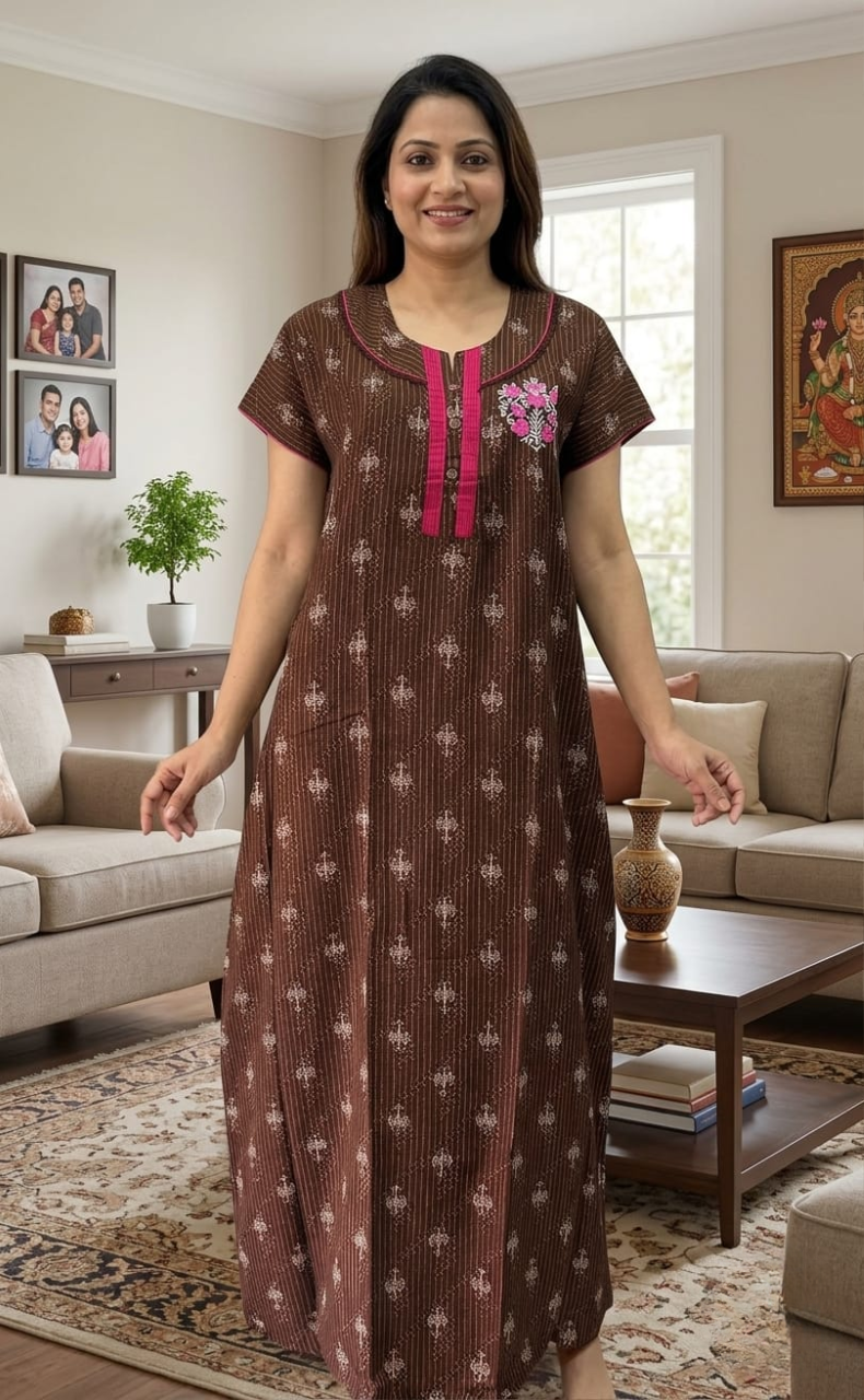 Brown Floral Spun Nighty. Flowy Spun Fabric | Laces and Frills